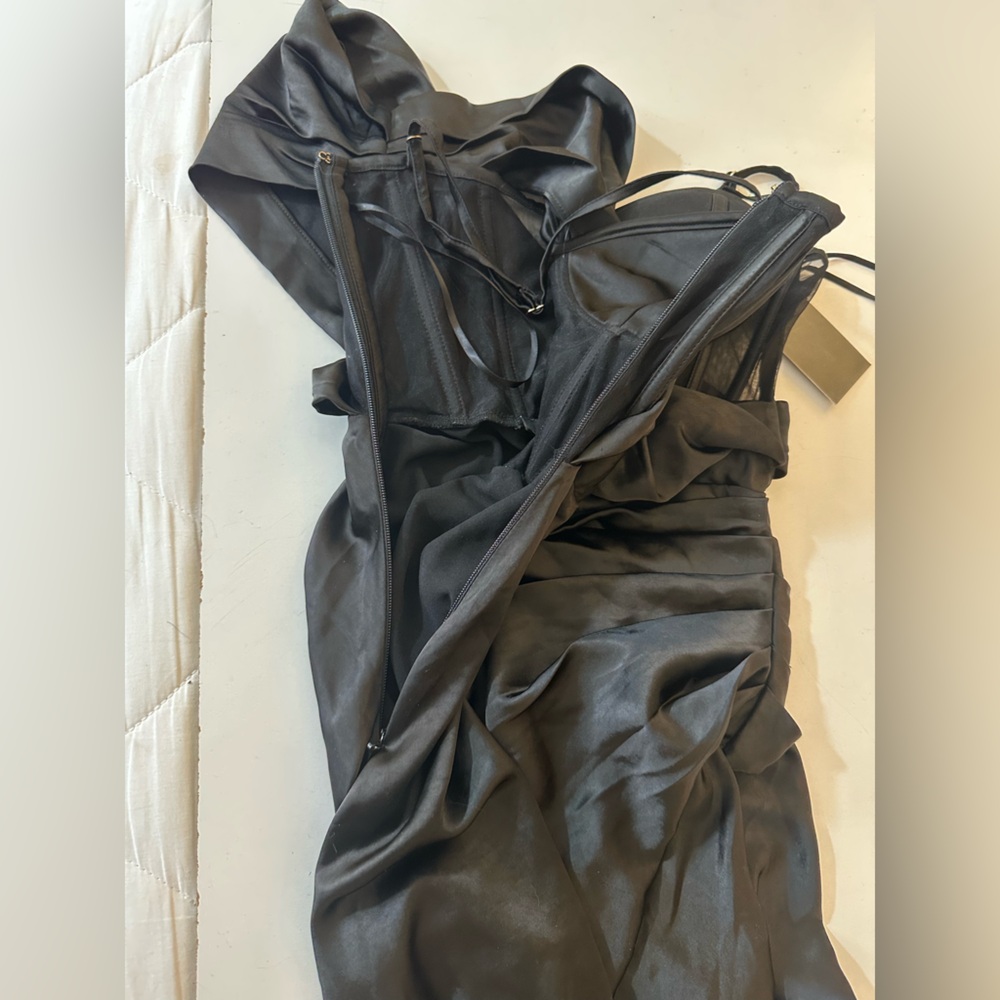 JLUXLABLE Black Anastacia‎ Satin Corset Drapy OneShoulder Front Slit Dress NWT S - Picture 9 of 16